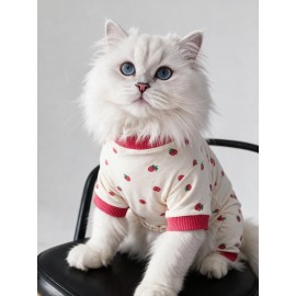 Tatlı Çilek Kedi Tulumu | Pamuklu Penye Kedi Kıyafeti | Küçük Irklar İçin | Tüy Dökülmesini Azaltır