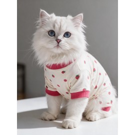 Tatlı Çilek Kedi Tulumu | Pamuklu Penye Kedi Kıyafeti | Küçük Irklar İçin | Tüy Dökülmesini Azaltır