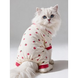 Tatlı Çilek Kedi Tulumu | Pamuklu Penye Kedi Kıyafeti | Küçük Irklar İçin | Tüy Dökülmesini Azaltır