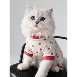 Tatlı Çilek Kedi Tulumu | Pamuklu Penye Kedi Kıyafeti | Küçük Irklar İçin | Tüy Dökülmesini Azaltır