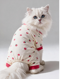 Tatlı Çilek Kedi Tulumu | Pamuklu Penye Kedi Kıyafeti | Küçük Irklar İçin | Tüy Dökülmesini Azaltır