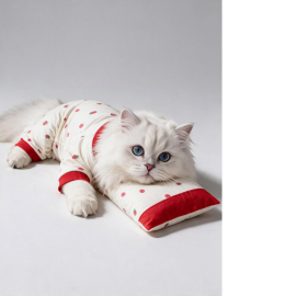 Tatlı Çilek Kedi Uyku Seti | Penye Kedi Tulum ve Mini Yastık Takımı | Pamuklu | Tüy Dökülmesini Azaltır | 