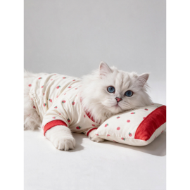 Tatlı Çilek Kedi Uyku Seti | Penye Kedi Tulum ve Mini Yastık Takımı | Pamuklu | Tüy Dökülmesini Azaltır | 