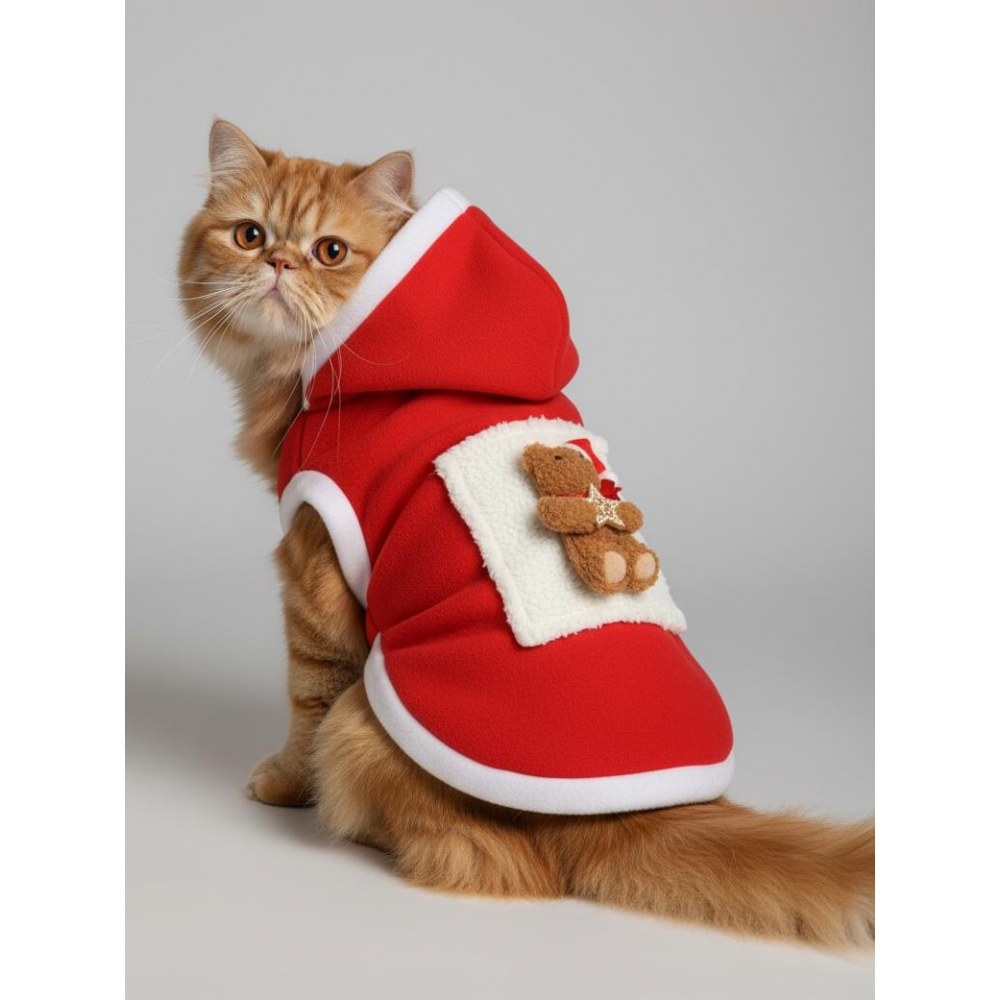 Boo BOO Teddy Premium Kırmızı Polar Kedi Kıyafeti | Kapüşonlu Noel Kedi Sweatshirt