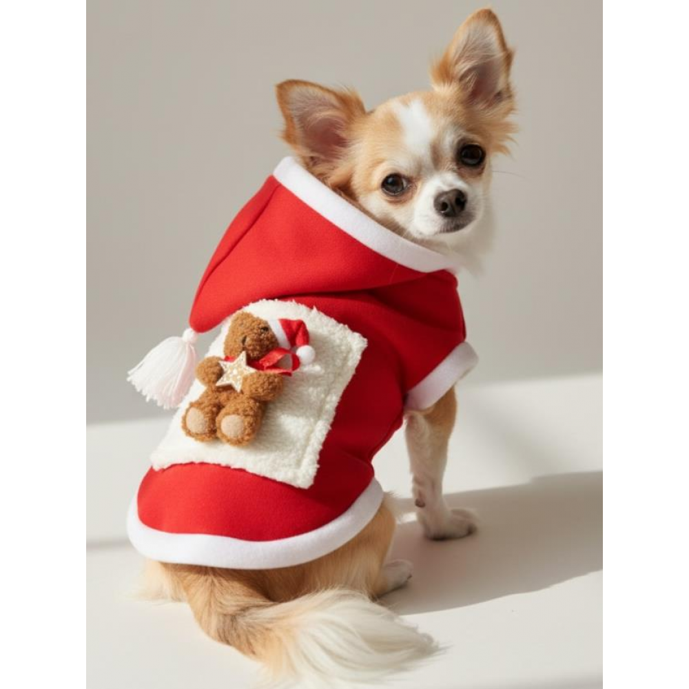 Boo Boo Teddy Yılbaşı Köpek Kıyafeti Premium Kırmızı Polar | Kapüşonlu Noel Köpek Kostümü | Küçük Irklar İçin