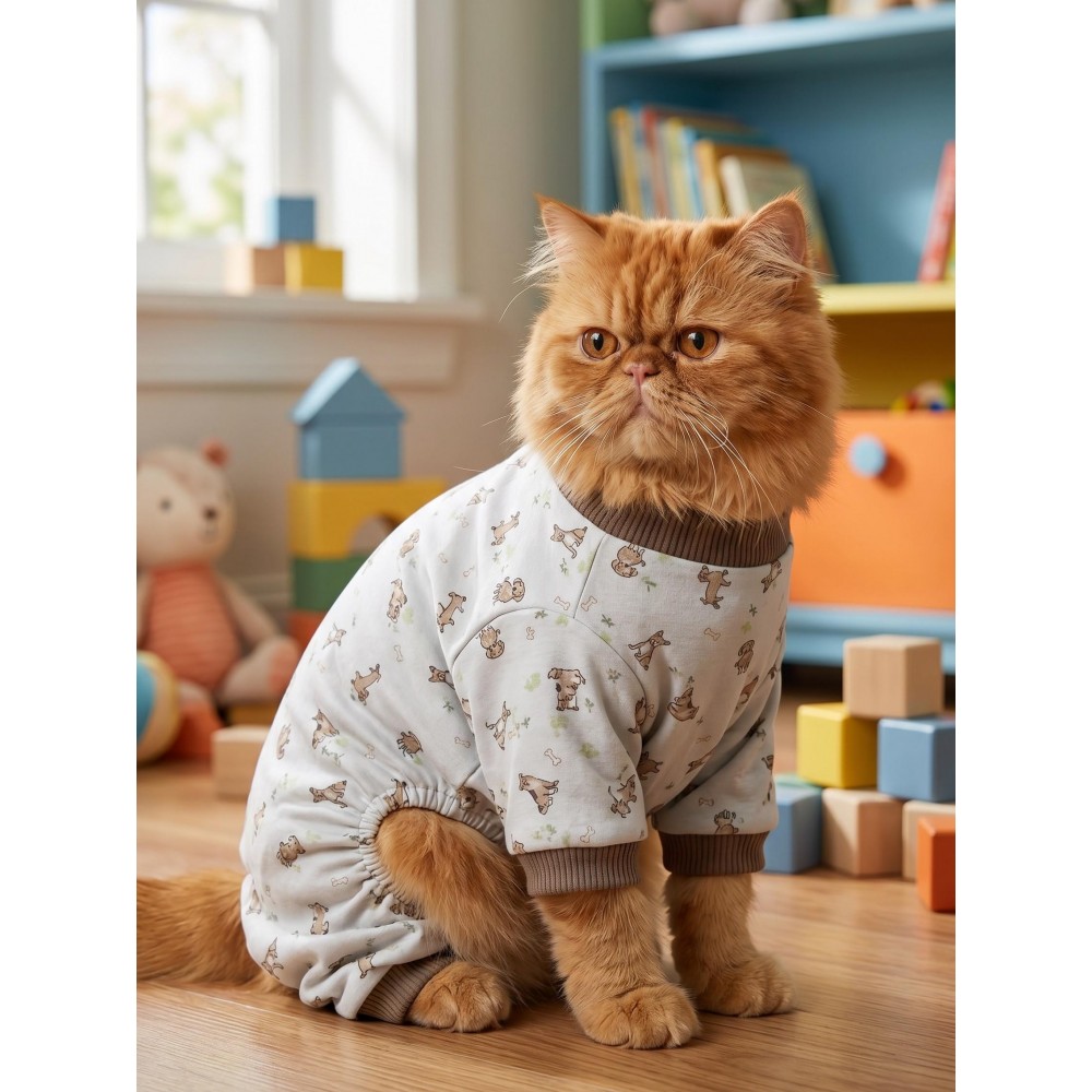 Breeds & Friends Penye Kedi Tulumu | Çok Irklı Desenli Kedi Pijaması
