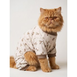 Breeds & Friends Penye Kedi Tulumu | Çok Irklı Desenli Kedi Pijaması
