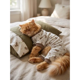 Breeds & Friends Uyku Takımı | Desenli Pamuklu Penye Kedi Tulumu ve Mini Yastık | Tüy Dökülmesini Azaltır