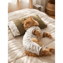 Breeds & Friends Uyku Takımı | Desenli Pamuklu Penye Kedi Tulumu ve Mini Yastık | Tüy Dökülmesini Azaltır