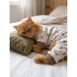 Breeds & Friends Uyku Takımı | Desenli Pamuklu Penye Kedi Tulumu ve Mini Yastık | Tüy Dökülmesini Azaltır