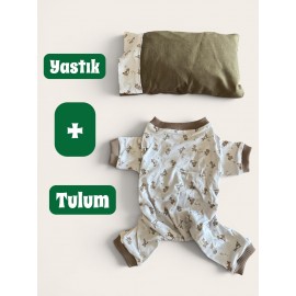 Breeds & Friends Uyku Takımı | Desenli Pamuklu Penye Köpek Tulumu ve Mini Yastık | Küçük Irklar İçin | Tüy Dökülmesini Azaltır