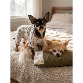 Breeds & Friends Uyku Takımı | Desenli Pamuklu Penye Köpek Tulumu ve Mini Yastık | Küçük Irklar İçin | Tüy Dökülmesini Azaltır