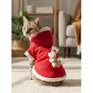 Bear Snow Kırmızı Xmas Kedi Kıyafeti | Kapüşonlu Polar Noel Sweatshirt | Küçük Irklar İçin