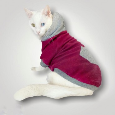 Burgundy Gray Kapşonlu Sweatshirt  Kedi Kıyafeti