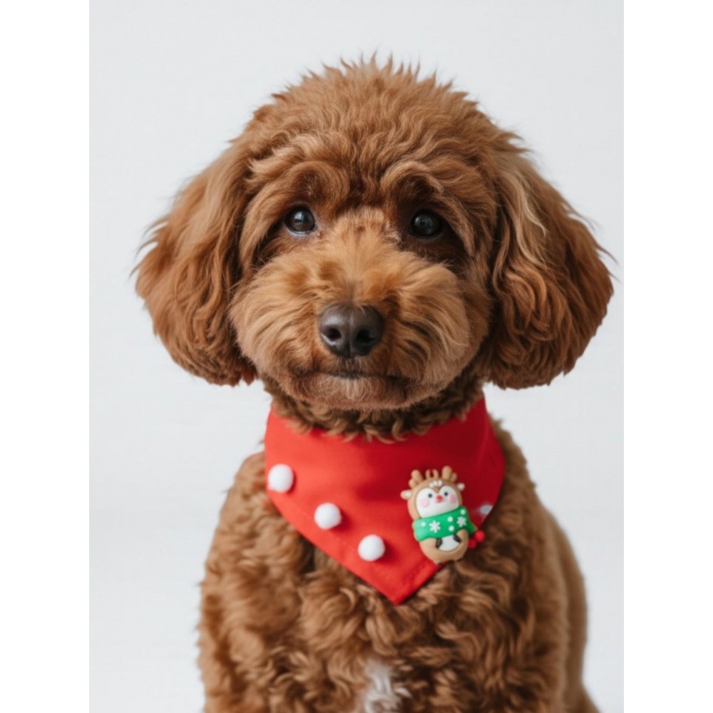Christmas Squirrel Yılbaşı Köpek Bandanası | Ponponlu Kırmızı Noel Boyun Aksesuarı | Sevimli Sincap Figürlü Köpek Süsü | Küçük Irklar İçin