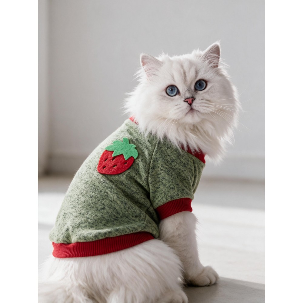 Çilek Tadında Kedi Sweatshirt Yeşil Kırmızı Sıcak Tutan Yumuşak Kedi Kıyafeti