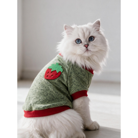 Çilek Tadında Kedi Sweatshirt Yeşil Kırmızı Sıcak Tutan Yumuşak Kedi Kıyafeti