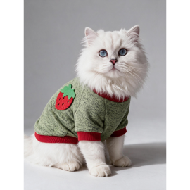 Çilek Tadında Kedi Sweatshirt Yeşil Kırmızı Sıcak Tutan Yumuşak Kedi Kıyafeti