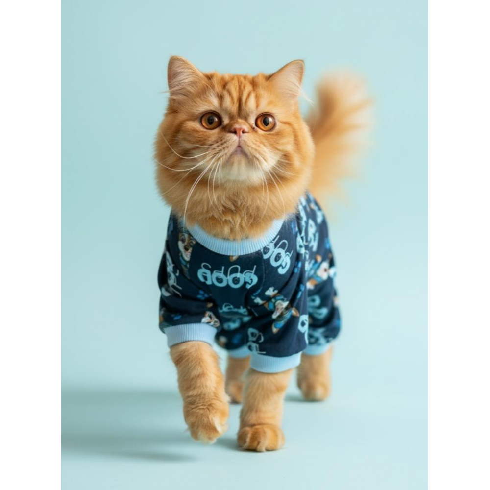 GoodPaws Lacivert Penye Kedi Tulumu | Desenli Kedi Pijaması | Kediler İçin