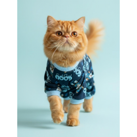 GoodPaws Lacivert Penye Kedi Tulumu | Desenli Kedi Pijaması | Kediler İçin