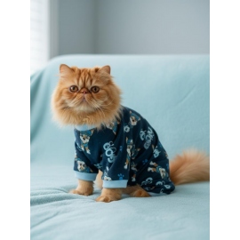 GoodPaws Lacivert Penye Kedi Tulumu | Desenli Kedi Pijaması | Kediler İçin