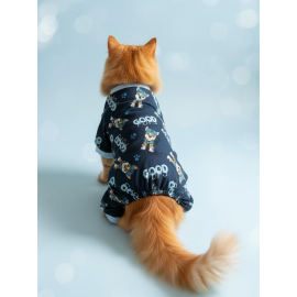 GoodPaws Lacivert Penye Kedi Tulumu | Desenli Kedi Pijaması | Kediler İçin