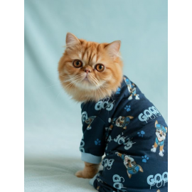 GoodPaws Lacivert Penye Kedi Tulumu | Desenli Kedi Pijaması | Kediler İçin