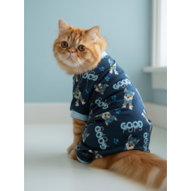 GoodPaws Lacivert Penye Kedi Tulumu | Desenli Kedi Pijaması | Kediler İçin