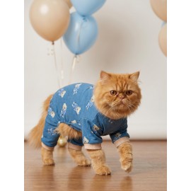 Teddy Blues Penye Kedi Tulumu | Ayıcık Desenli Kedi Pijaması | Küçük Irklar İçin