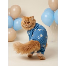 Teddy Blues Penye Kedi Tulumu | Ayıcık Desenli Kedi Pijaması | Küçük Irklar İçin