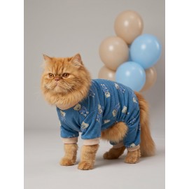 Teddy Blues Penye Kedi Tulumu | Ayıcık Desenli Kedi Pijaması | Küçük Irklar İçin