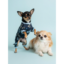 GoodPaws Lacivert Penye Köpek Tulumu | Desenli Köpek Pijaması | Küçük Irklar İçin