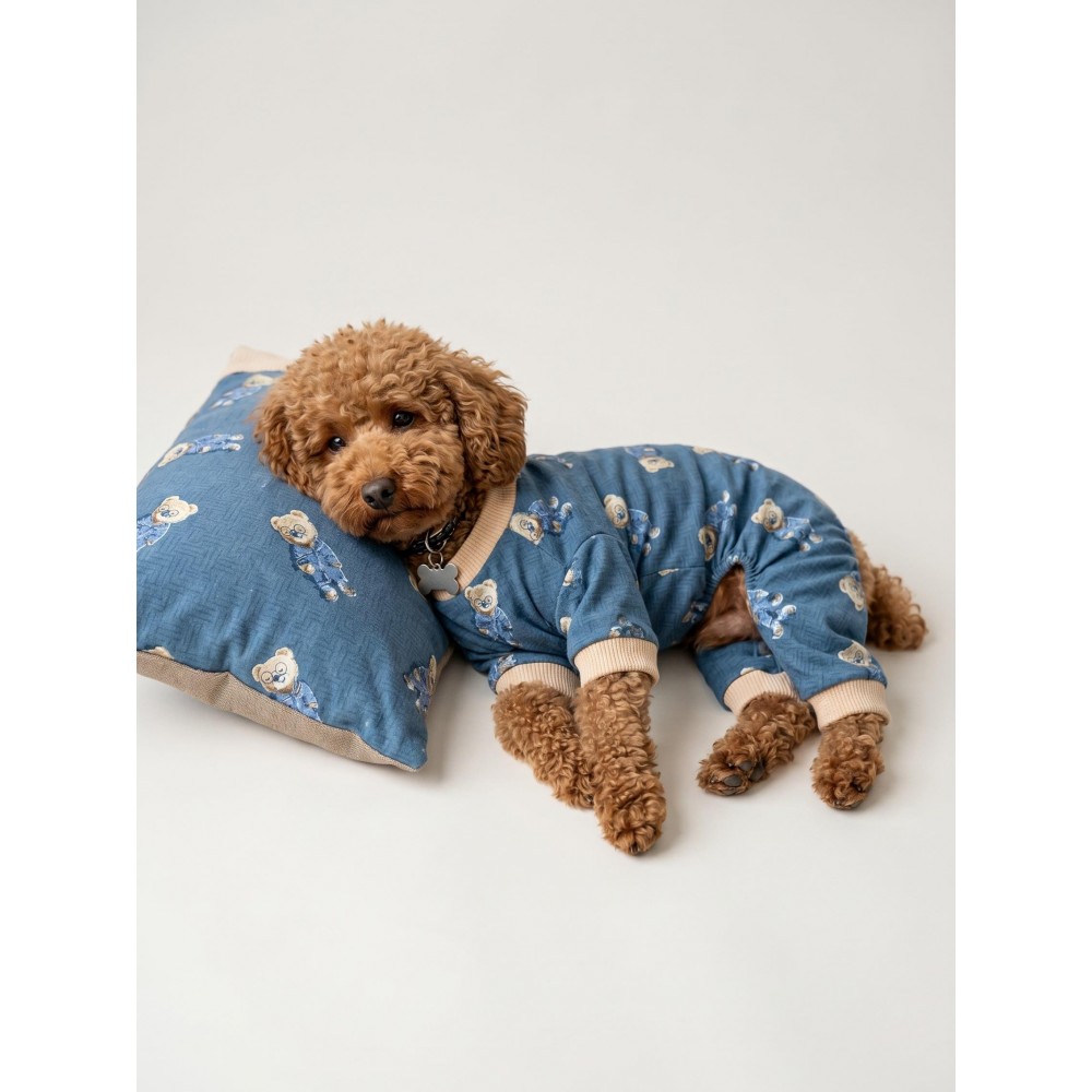 Teddy Blues Uyku Takımı | Ayıcık Desenli Pamuklu Penye Köpek Tulumu ve Mini Yastık | Küçük Irklar İçin | Tüy Dökülmesini Azaltır