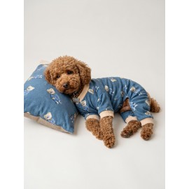Teddy Blues Uyku Takımı | Ayıcık Desenli Pamuklu Penye Köpek Tulumu ve Mini Yastık | Küçük Irklar İçin | Tüy Dökülmesini Azaltır