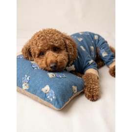 Teddy Blues Uyku Takımı | Ayıcık Desenli Pamuklu Penye Köpek Tulumu ve Mini Yastık | Küçük Irklar İçin | Tüy Dökülmesini Azaltır