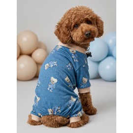 Teddy Blues Uyku Takımı | Ayıcık Desenli Pamuklu Penye Köpek Tulumu ve Mini Yastık | Küçük Irklar İçin | Tüy Dökülmesini Azaltır