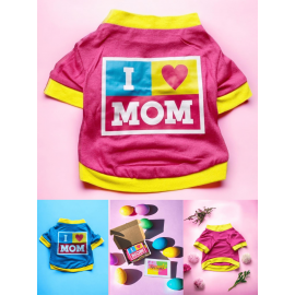 Hediye Paketli, Anneler Günü, I Love Mom Pink,Oval Yaka Tişört Köpek Kıyafeti,Elbisesi Anneler Günü, Anneye, Anne 