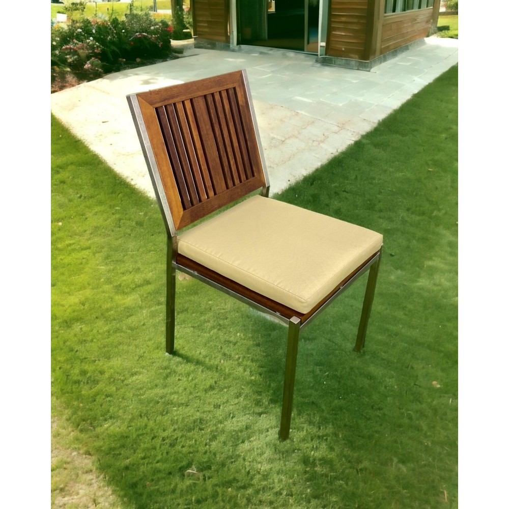 Inox İroko Ahşap Minderli Sandalye, 4lü, 4 Adet Minderli Bahçe Sandalyesi INX330