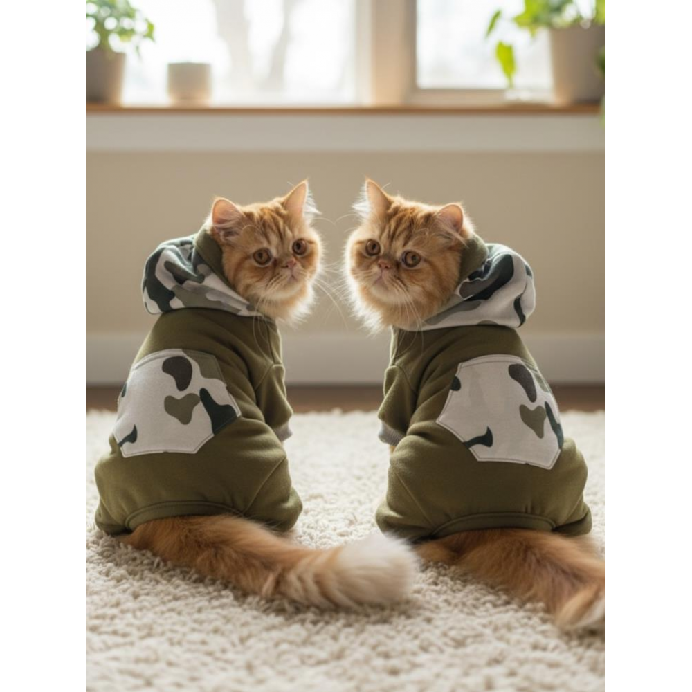 Kamuflaj Desenli Kedi Tulumu | Kapüşonlu | Pamuklu Polar Kumaş | Haki Yeşil 