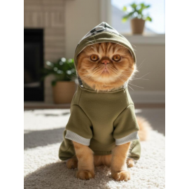 Kamuflaj Desenli Kedi Tulumu | Kapüşonlu | Pamuklu Polar Kumaş | Haki Yeşil 