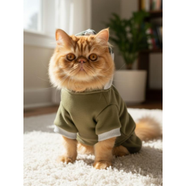 Kamuflaj Desenli Kedi Tulumu | Kapüşonlu | Pamuklu Polar Kumaş | Haki Yeşil 