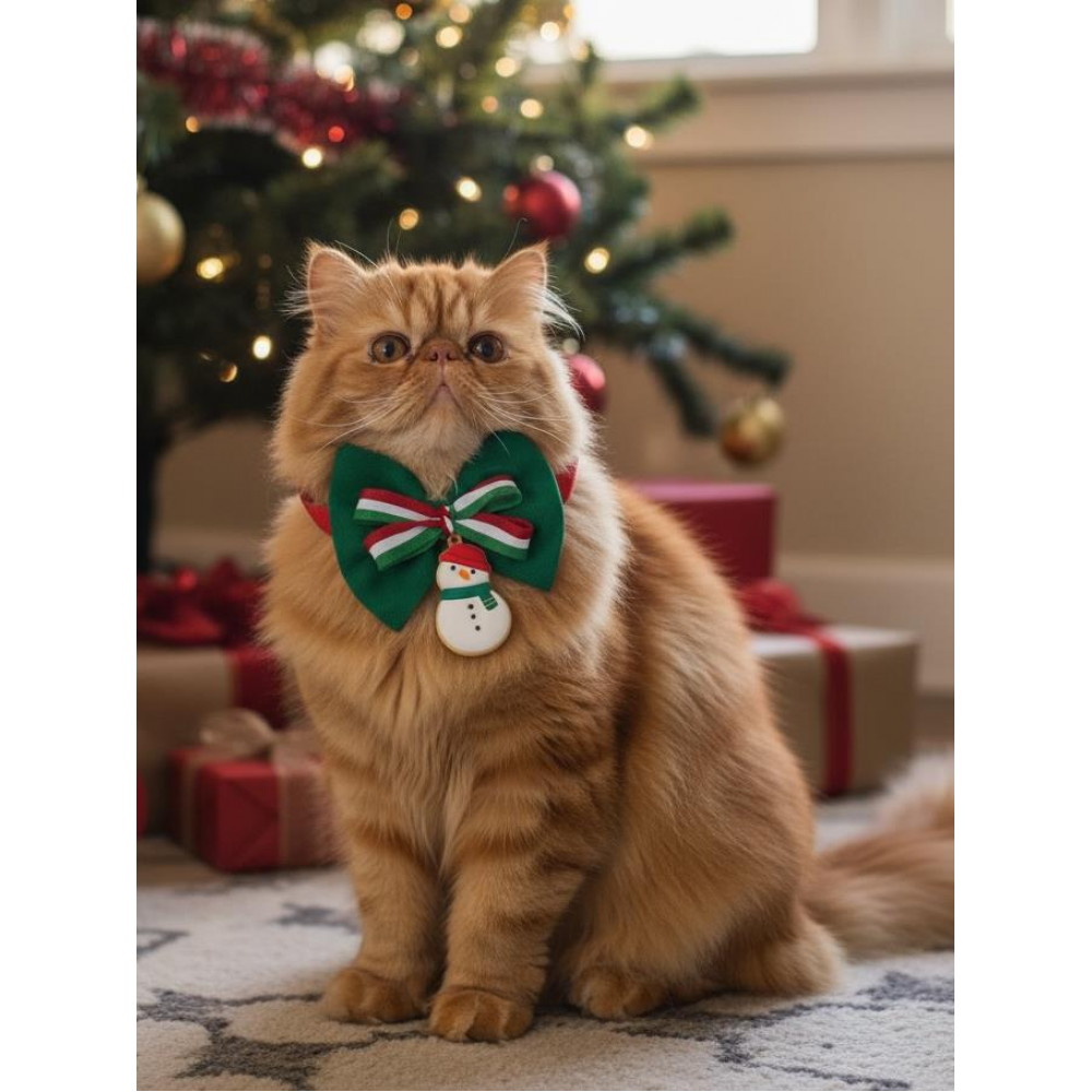 Kardan Adam Kedi Papyon Tasması | Yeşil Kırmızı Fiyonk Boyun Aksesuarı | Noel Temalı Kedi Süsü