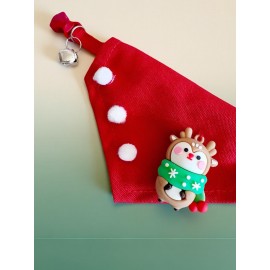 Christmas Squirrel Yılbaşı Kedi Bandanası | Ponponlu Kırmızı Noel Boyun Aksesuarı | Sevimli Sincap Figürlü Kedi Süsü