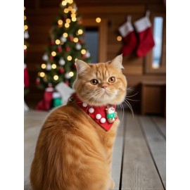 Christmas Squirrel Yılbaşı Kedi Bandanası | Ponponlu Kırmızı Noel Boyun Aksesuarı | Sevimli Sincap Figürlü Kedi Süsü