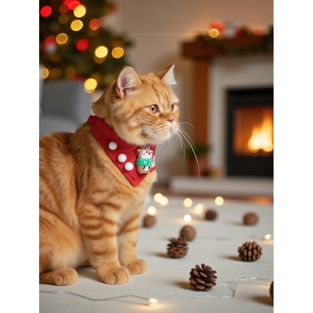 Christmas Squirrel Yılbaşı Kedi Bandanası | Ponponlu Kırmızı Noel Boyun Aksesuarı | Sevimli Sincap Figürlü Kedi Süsü