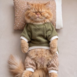 Latte & Matcha Kedi Rüyası | Pamuklu Kedi Tulumu, Polar Sweatshirt ve Mini Yastık | 3 Parça
