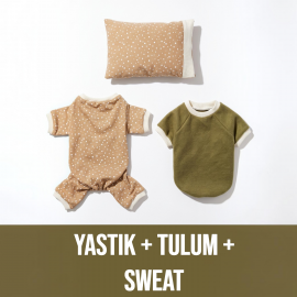 Latte & Matcha Kedi Rüyası | Pamuklu Kedi Tulumu, Polar Sweatshirt ve Mini Yastık | 3 Parça