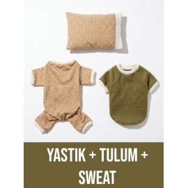 Latte & Matcha Köpek Rüyası | Pamuklu Köpek Tulumu, Polar Sweatshirt ve Mini Yastık | 3 Parça