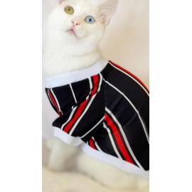Black Red White Çizgili Oval Yaka Tişört Kedi Kıyafeti Kedi Elbisesi
