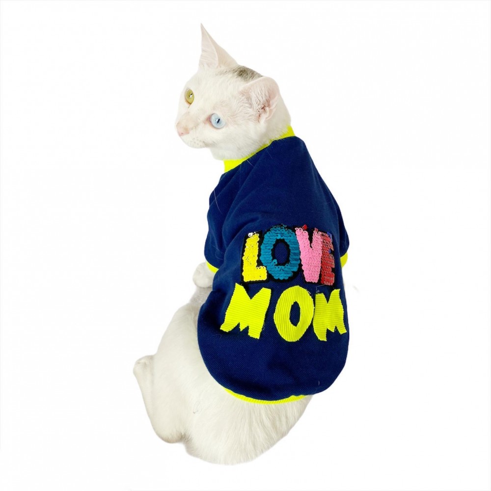 Love Mom Neon Duo,Oval Yaka Tişört Kedi Kıyafeti,Elbisesi